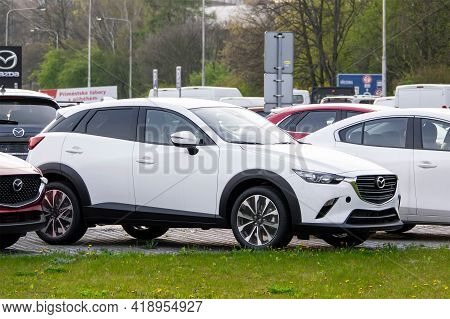 Ostrava, Czech Republic - April 29, 2021: Brand New Small White Mazda Cx-3 Crossover Vehicle Present