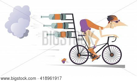 Cartoon Man Rides A Bike Illustration. 
Smiling Man In Helmet And Sunglasses On The Bike Tries To Ri