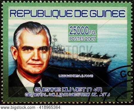 Moscow, Russia - April 27, 2021: Stamp Printed In Guinea, Shows Portrait Of American General William