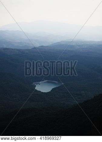 Panorama View Of Water Reservoir Lake Near Tavertet Osona Barcelona Catalonia Spain Pyrenees Mountai