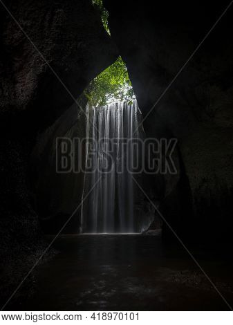 Long Exposure Panorama Of Tropical Rainforest Secret Hidden Gem Cave Canyon Waterfall Tukad Cepung I