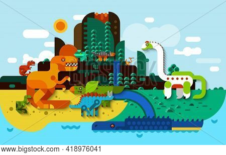 Dinosaur Flat Background With Predators In Prehistoric Landscape Vector Illustration