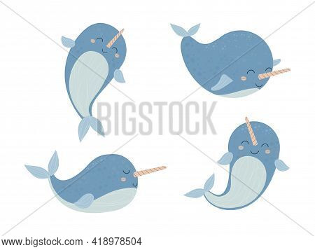 Set Cute Adorable Narwhal, Baby Animals With Horn Smiling In Cartoon Style Isolated On White Backgro