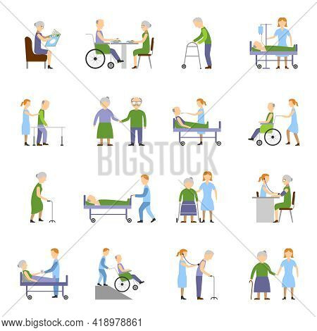 Nursing Elderly People Icons Set With Wheelchair Food And Drink Symbols Flat Isolated Vector Illustr