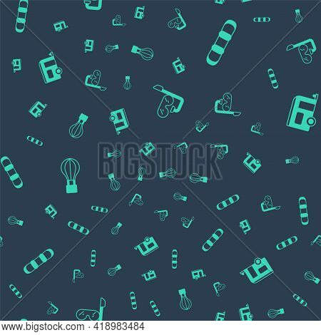 Set Diving Mask And Snorkel, Snowboard, Hot Air Balloon And Rv Camping Trailer On Seamless Pattern. 