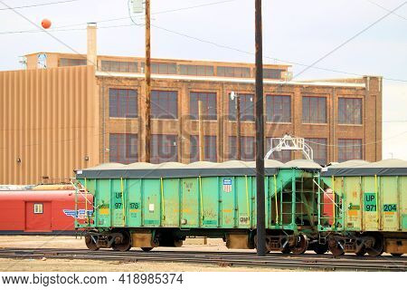 April 26, 2021 In Cheyenne, Wy:  Vintage Rail Cars At The Union Pacific Railroad Yard In Cheyenne, W