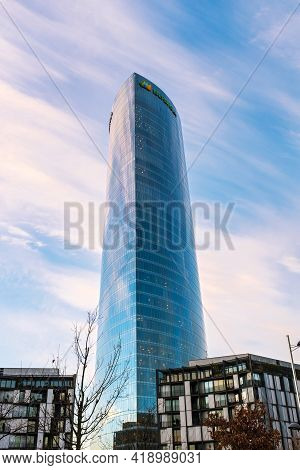 Bilbao, Spain - January 20, 2016: Low-angle View Of The Iberdrola Tower In Bilbao, The Tallest Build