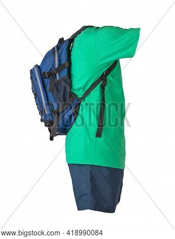 Deinim Blue Backpack,dark Blue Sports Shorts,retro Heather Green T-shirt Isolated On White Foane. Cl