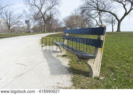 Burnham Shores Park By Lake Michigan In Chicago, Spring Landscape Of Green Field.