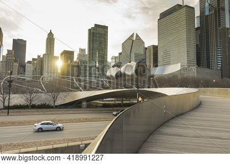 Chicago, Illinois - April 22,2018 : Bp Pedestrian Bridge At Evening In Chicago,usa On April 22,2018.