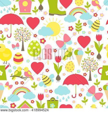 Pretty Delicate Seamless Spring Pattern In A Busy Design With Iconic Springtime Favourites Depicting