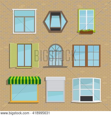 Set Of Icons Of Different Types Of Windows. Construction Frame, House And Architecture, Vector Illus