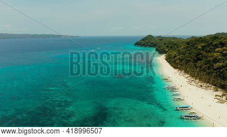 Aerial Seascape: Tropical Beach With Palm Trees And Turquoise Waters Of The Coral Reef, From Above, 