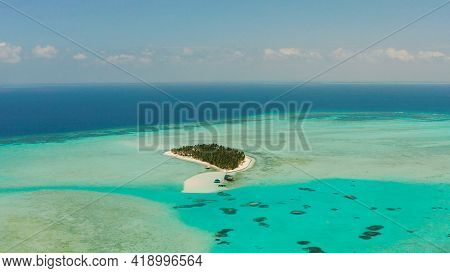 Tropical Landscape: Small Island With Beautiful Beach, Palm Trees By Turquoise Water View From Above