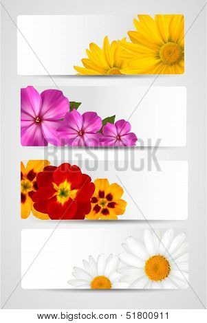 Set Of Banners With Different Colorful Flower. Vector Illustration.