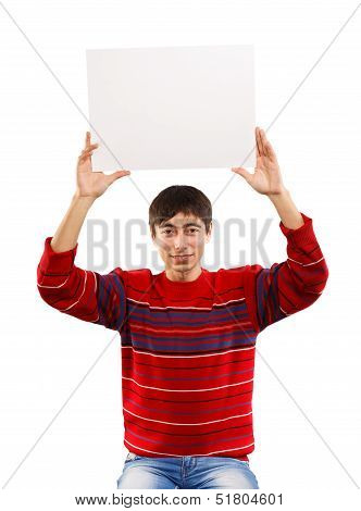 Smiling Man Raises Big Card