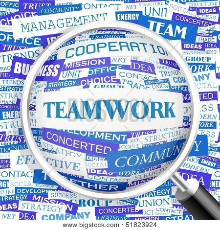 TEAMWORK. Word cloud concept illustration. Graphic tag collection. Wordcloud collage with related tags and terms. 