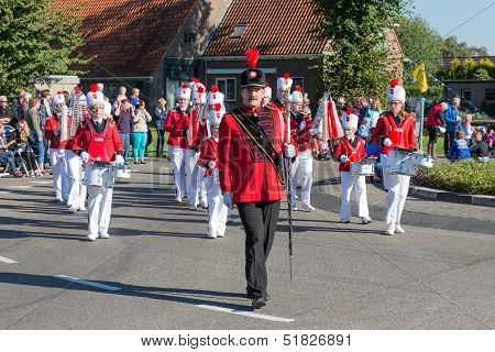 Nieuwehorne, The Netherlands - Sep 28: Marching Band 'marko's' Walking In A Countryside Parade Durin