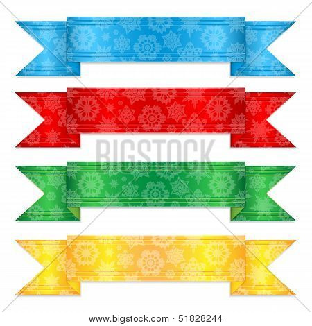 Set Of Colorful Banners With A Pattern From Snowflakes.multicolored Christmas Ribbons.vector