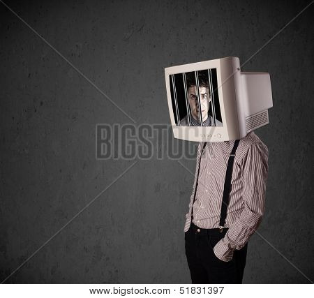 Business man with monitor screen on his head traped into a digital system concept