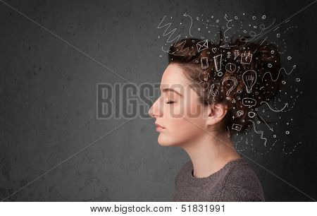 Young girl thinking with abstract icons on her head