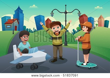 Kids Playing In The Street Of A Suburban Neighborhood