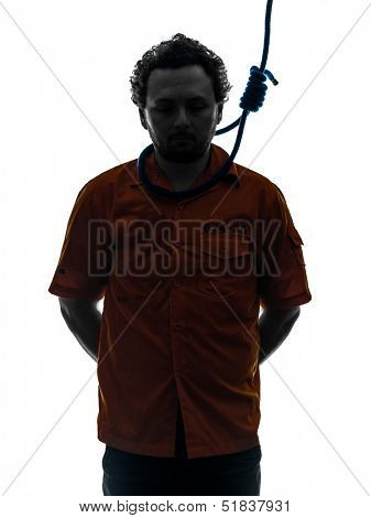 one caucasian criminal man with hangman noose around the neck in silhouette studio isolated on white background