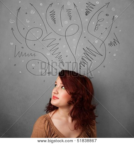 Pretty young woman deciding with sketched arrows over her head