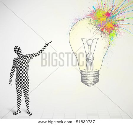 3d human character is body suit morphsuit looking at abstract colorful lightbulb