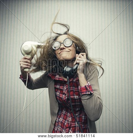 Nerdy Woman Drying Hair