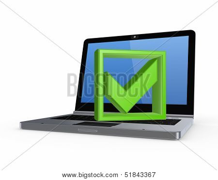 Green tick mark on notebook.