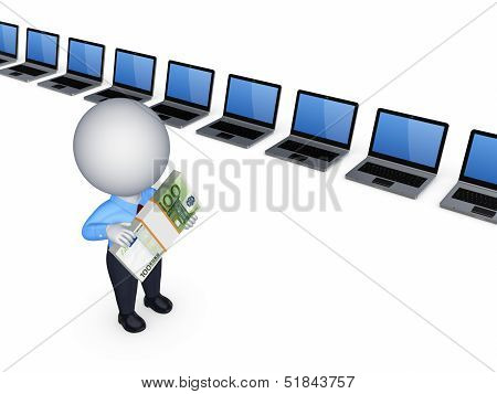 3d person with stack of euro and notebooks.