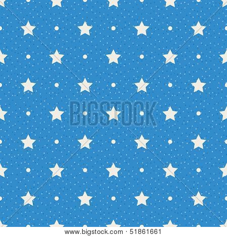 Stars And Dots On Blue Background. Seamless Textured Polka Dots Pattern