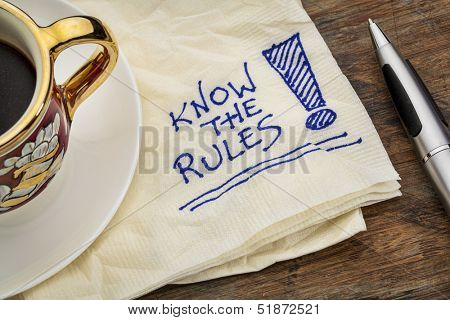 know the rules  reminder - a napkin doodle with a cup of espresso coffee