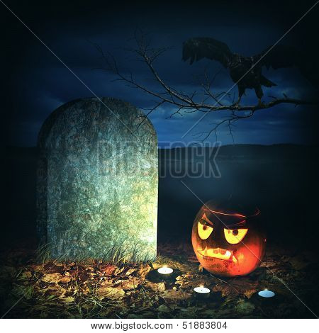 Halloween Horror Concept. Scary Pumpkin In Cemetery