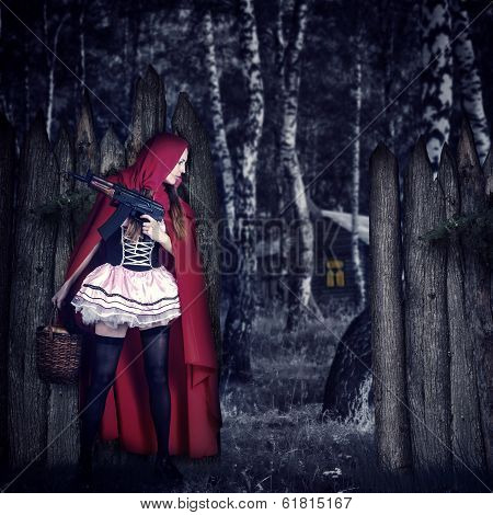 Girl Red Riding Hood With Automatic