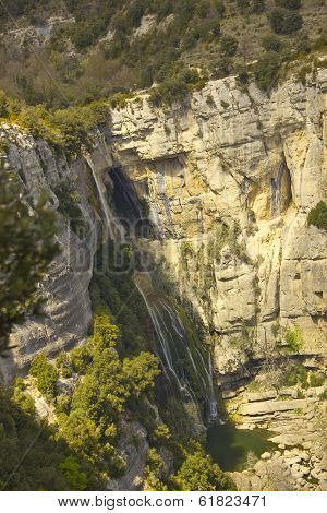 Sallent waterfall in the medieval town of Rupit (Girona, Spain)