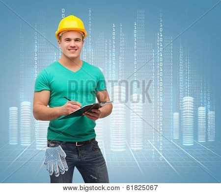 repair, construction and maintenance concept - smiling man in helmet with clipboard
