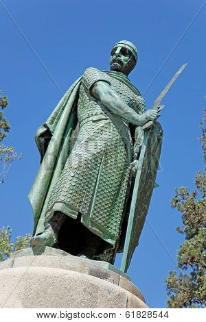 Statue of King Dom Afonso Henriques by the Sacred Hill in the city of Guimaraes. The first king of Portugal in the 12th century. UNESCO World Heritage Site.