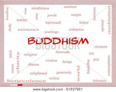 Buddhism Word Cloud Concept On A Whiteboard