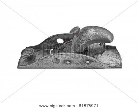 vintage rusty woodworking small plane over white, clipping path