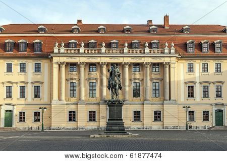 WEIMAR, GERMANY - AUG 4, 2012: Duke Carl August monument in Weimar with facade