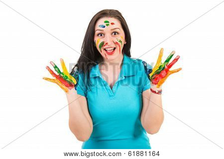Amazed Woman With Hands In Paints