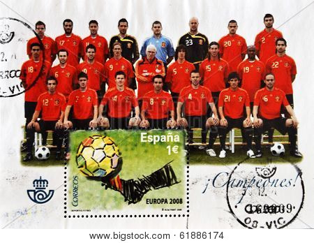 SPAIN - CIRCA 2008: A stamp printed in Spain shows the Spanish football champions of Europe