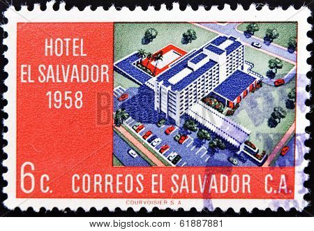 EL SALVADOR - CIRCA 1958: A stamp printed in Salvador shows Hotel El Salvador circa 1958