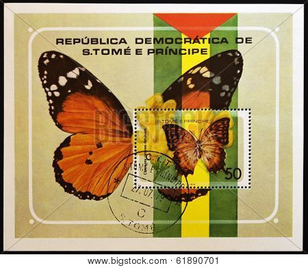 SAO TOME AND PRINCIPE - CIRCA 1979: A stamp printed in Sao Tome shows a butterfly charexes varanes
