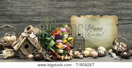 Nostalgic Easter Decoration With Eggs And Tulip Flowers