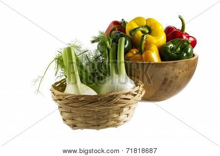 baskets with vegetables and peppers