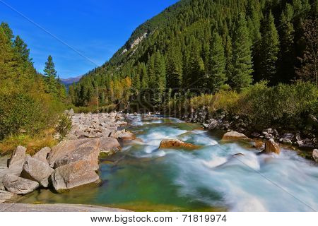 Stormy and frothy mountain stream. Cascades of cold water at the source of the famous Krimml waterfalls. Pastoral in the Alpine mountain valley in Austria