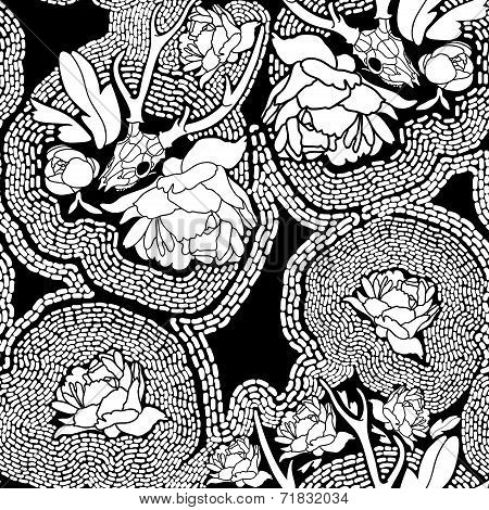 Seamless black and white background with skulls